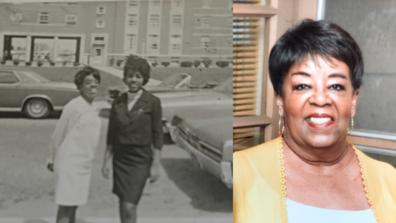 collage showing Ethel Washington on the campus of Central State University in the 1960s and a current-day photo