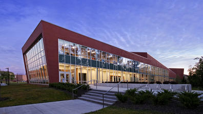 central state university student center lit up in the evening