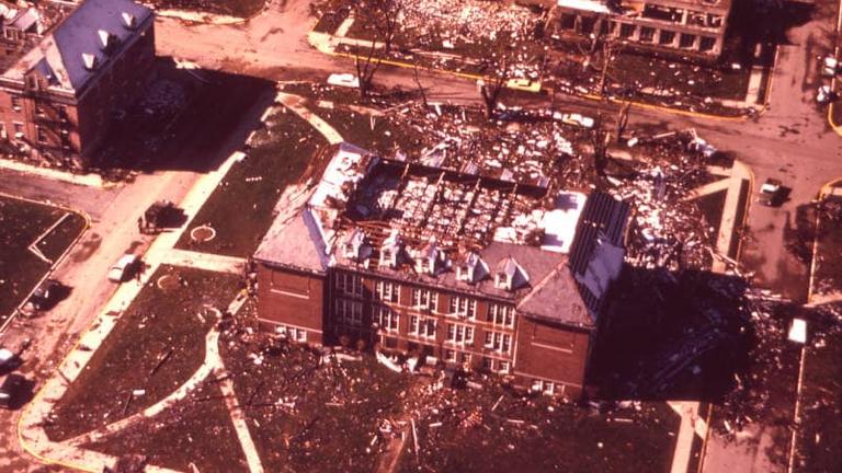 an aerial image of the campus of central state university in wilberforce ohio after the 1974 tornado