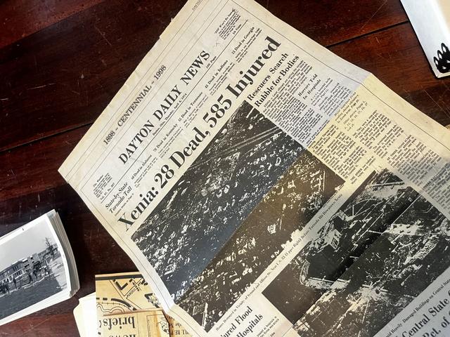 a dayton daily news newspaper with the headline xenia: 28 dead, 585 injured after 1974 tornado