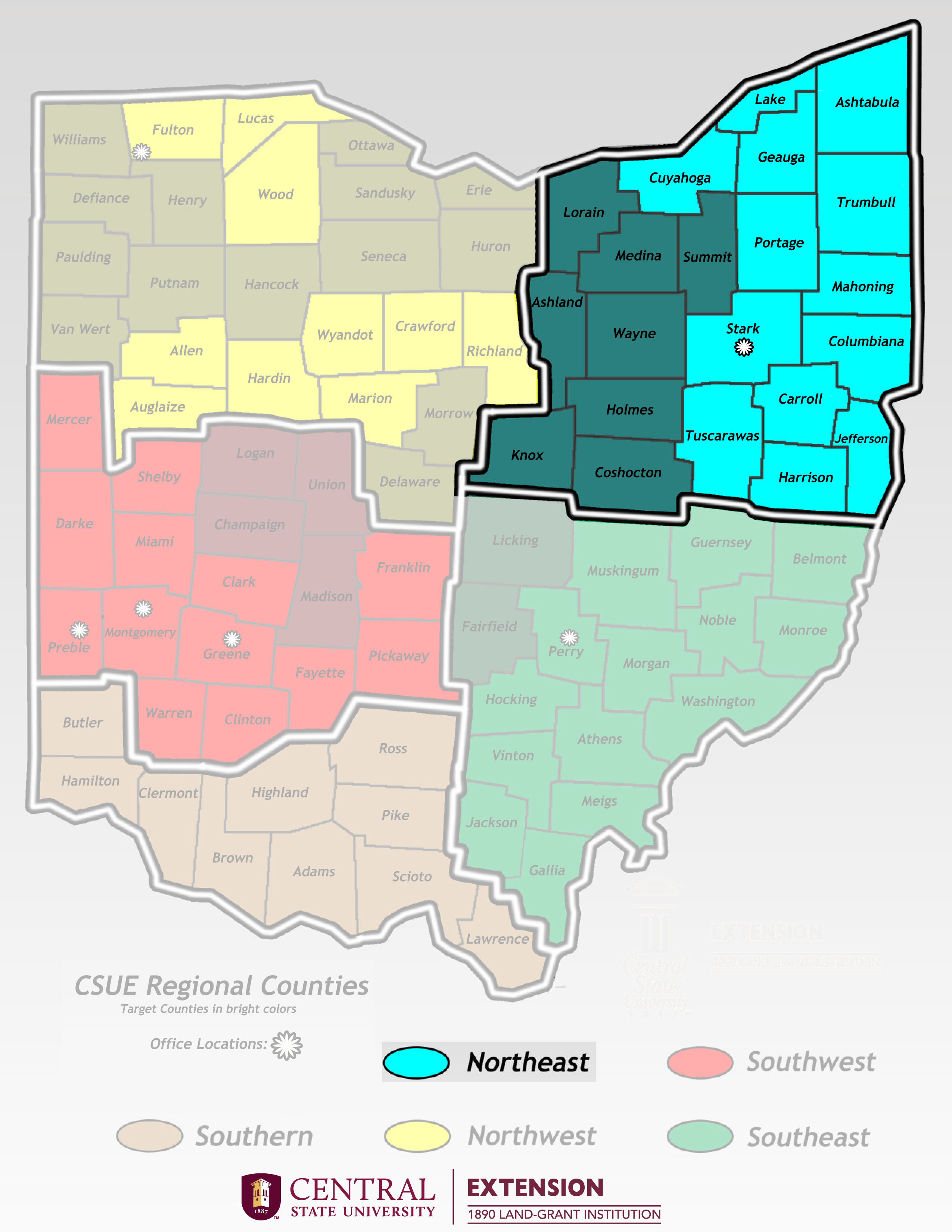 Northeast Region map includes following counties Ashtabula, Lake, Geauga, Cuyahoga, Portage, Trumbull, Summit, Medina, Lorain, Ashland, Wayne, Stark, Mahoning, Columbiana, Carroll, Jefferson, Stark, Tuscaroras, Holmes, Knox, Harrison, Coshocton