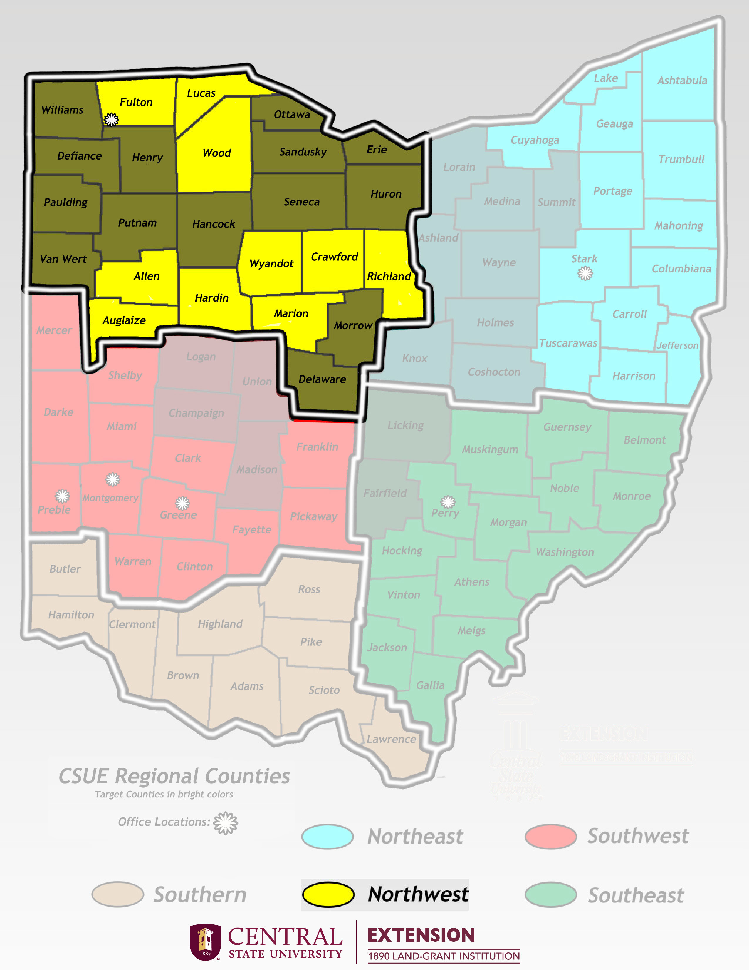 Northwest Region map includes following counties Williams, Fulton, Defiance, Henry, Lucas, Wood, Ottawa, Sandusky, Erie, Huron, Seneca, Hancock, Putnam, Paulding, Van Wert, Allen, Auglaize, Hardin, Wyandotte, Marion, Morrow, Richland, Crawford, Delaware