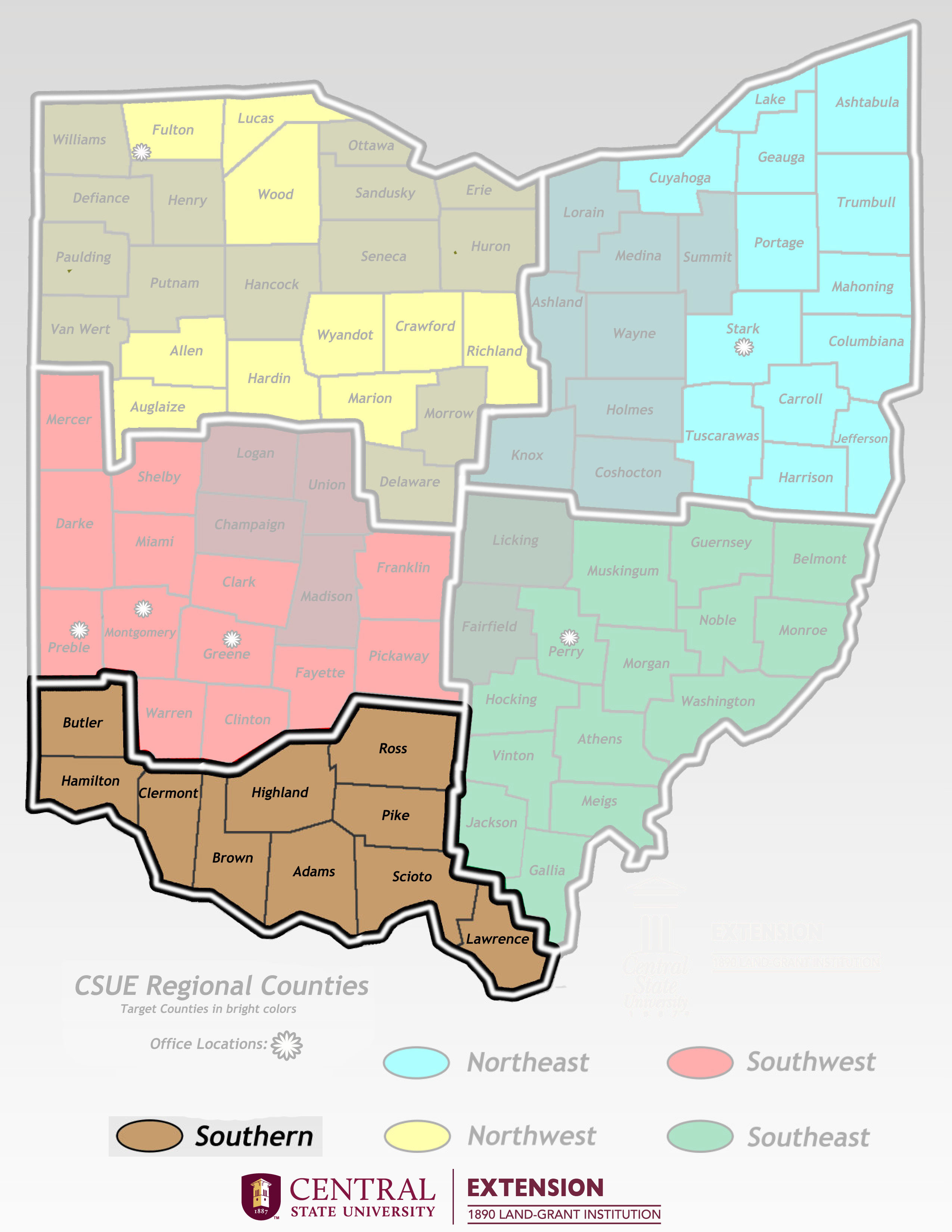 Southern Region map includes following counties Butler, Hamilton, Clermont, Highland, Brown, Adams, Pike, Ross, Scioto, Lawrence
