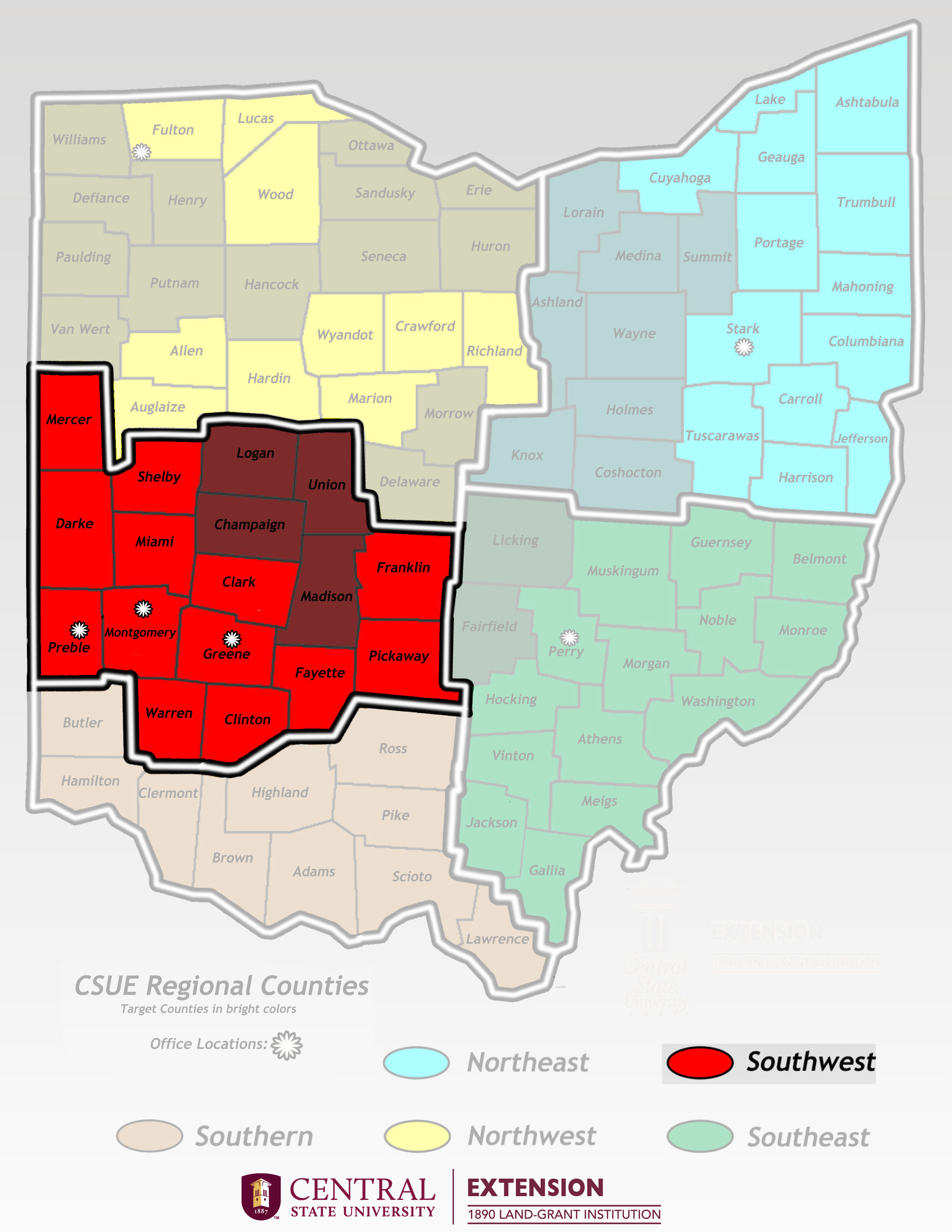 Southwest Region map includes following counties Mercer, Shelby, Darke, Miami, Logan, Champaign, Union, Franklin, Clark, Madison, Preble, Montgomery, Greene, Fayette, Warren, Clinton, Pickaway