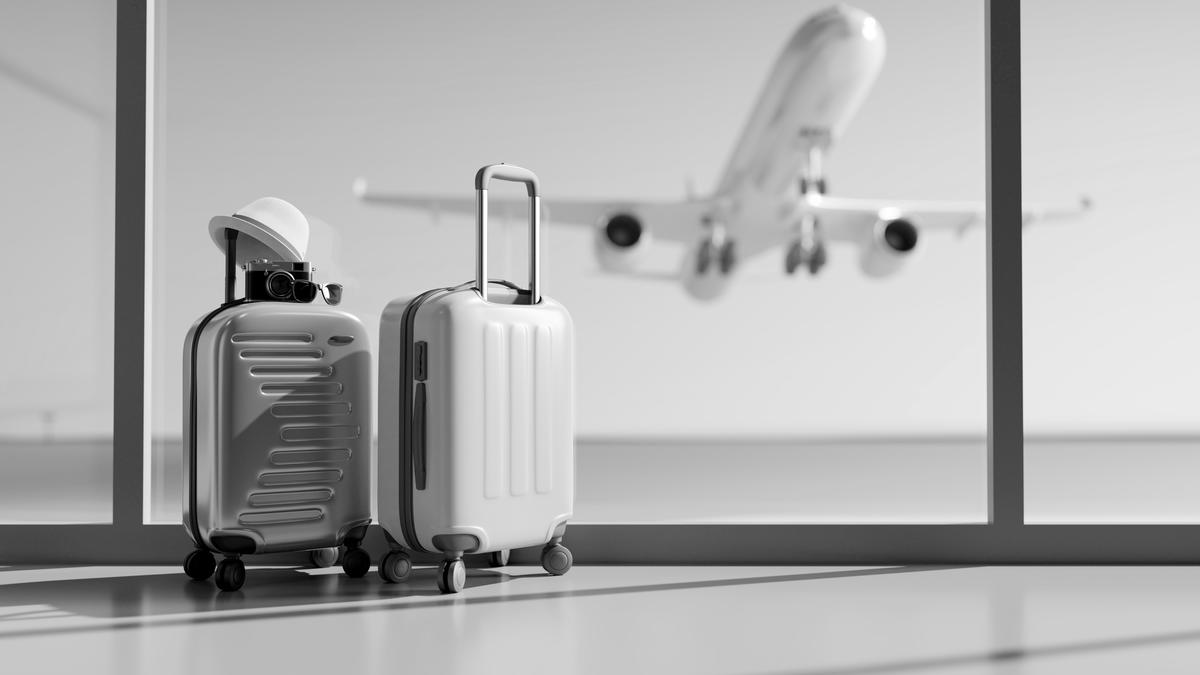 Two rolling luggage parked in front of an airport window while an airplane takes off.