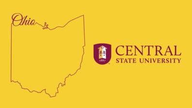 The state of Ohio is shown with the word "Ohio" in script at the top left. To the right is the Central State University logo.