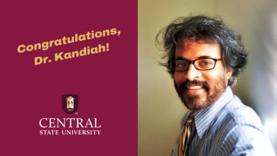A congratulatory graphic with the photo of Professor Ramanitharan Kandiah, Ph.D., of Central State University