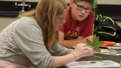 two youth summer camp participants study a plant