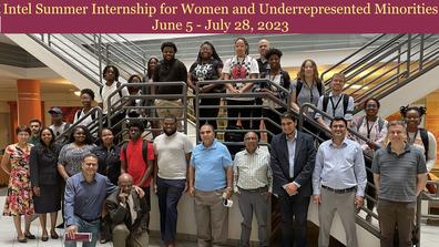 Intel summer internship for women and underrepresented minorities group poses for a photo on a stairwell. The bottom shows logos for partner organizations, Central State University, Wright State University, Intel, and the Air Force Research Laboratory. At the top are the words, "Intel summer internship for women and underrepresented minorities June 25-July 28, 2023"