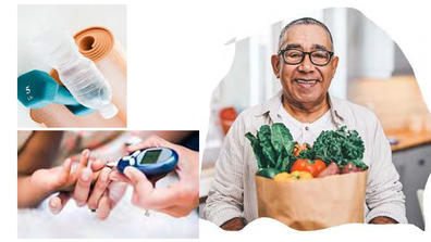 Diabetes Empowerment Education Program composite with images of blood sugar monitor, grocer with vegetables, water and work out weight