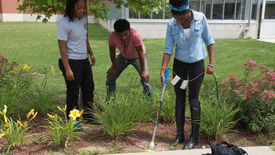 Students using weed eradicator
