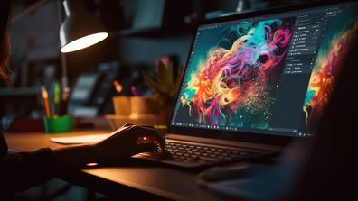 Graphic design artist with colorful cloud-like image on a computer in a dark room