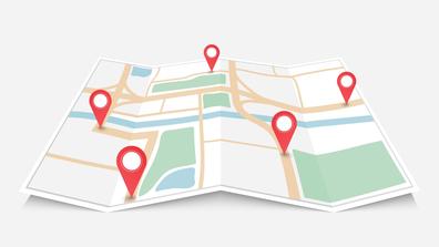 a drawing of a map with five location markers