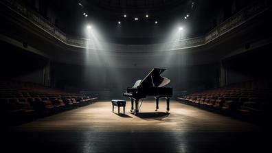 a piano on stage in a dark performing arts center with spotlights shining on it