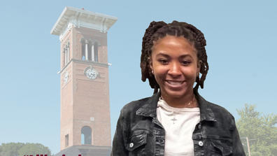 Central State University junior Tyler Wooten superimposed over the famous clock tower and the words "I like being at an HBCU"