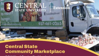 a mobile food truck with the Central State University Extension logo and the words "Central State Community Marketplace CSU Ward Center Parking Lot"