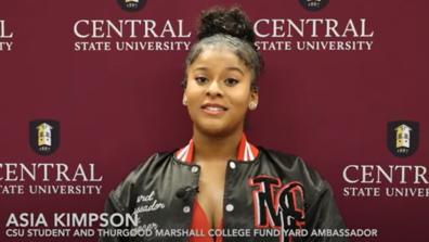 Asia Kimpson Thurgood Marshall College Fund Yard Ambassador in a NARCAN PSA produced by central state university