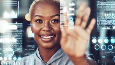a Black person with short hair and palm extended using screen technology