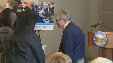 Gov. Mike Dewine at the Super Rapids press conference At Central State University on Dec. 19, 2023.