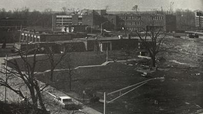 the campus of central state university after a devastating tornado in 1974