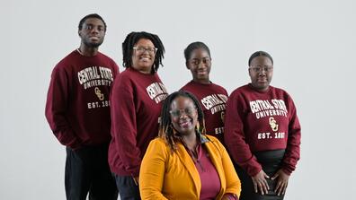 Members of the Central State University trivia team are heading to Los Angeles for the Honda Campus All-Star Challenge, a premier academic competition for HBCU students. Pictured are (front) advisor Dr. Sarah Armstrong-Jones; (back, from left) Nkem Utomi, Nya Brunson (captain), Brihel Moore, and Avnaly Alceres.