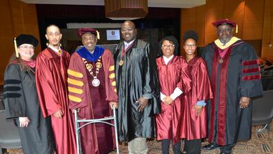 Susan Speight, Jairus Burrows, Morakinyo A.O. Kuti, Colin Lasu, Nya Brunson, Alanna Bryant and Fred Aikens at 2025 academic recognition convocation