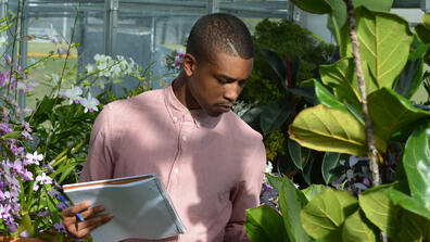 A STEM student examines leaves in a greenhouse