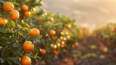 A citrus grove with rows of orange and lemon trees stretching into the distance