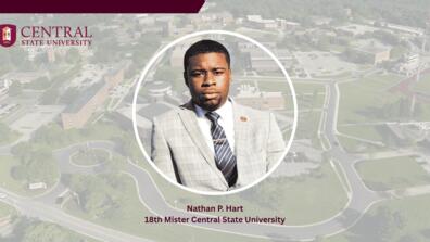 graphic showing a faded aerial image with a man overlaid and logo with the words nathan p. hart 18th mister central state university