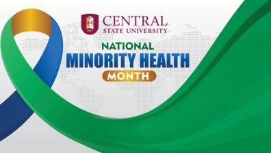minority mental health month graphic with gold, blue and green ribbon and the central state university logo