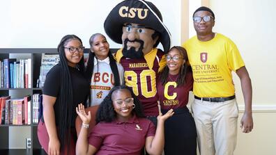 CSU Students Gathered and Marauder Man 2025
