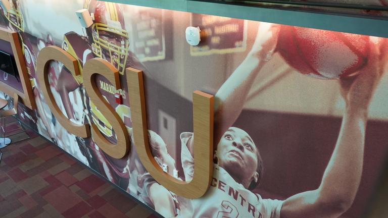 Wall painting showing a Central State University women's basketball player taking a shot. The letters CSU appear in gold.
