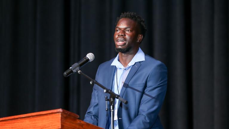 Ibrahima Jarjou speaking at the 2023 Freshmen Convocation at Central State University