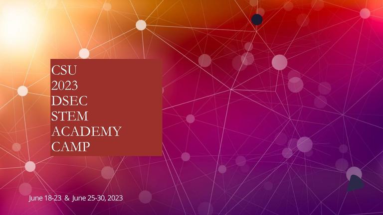 a graphic with lines and dots connecting and the words CSU 2023 DSEC STEM Academy Camp, June 18-23 and June 25-30, 2023