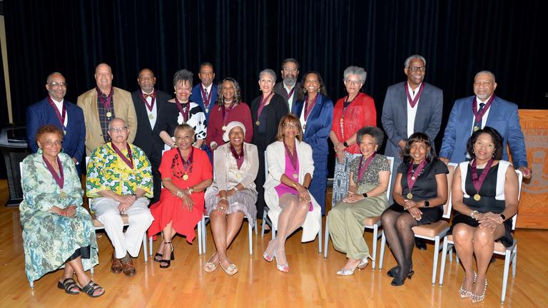 members of the class of 1974 gather for a group photo