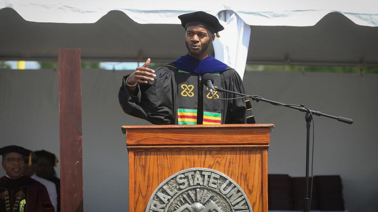 dr. donovan livingston at podium as 2024 commencement speaker