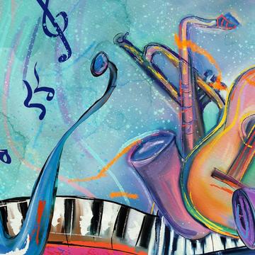 drawing of jazz instruments including saxophone, guitar, and piano