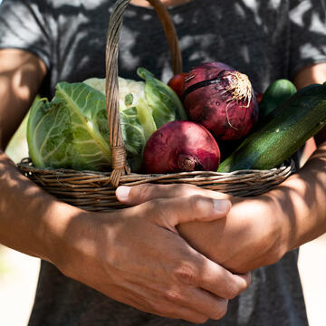 Young made holding a basket of vegetables