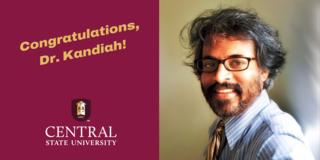 A congratulatory graphic with the photo of Professor Ramanitharan Kandiah, Ph.D., of Central State University