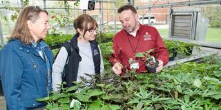 Three people stand behind greenery to learn about agricultural research at Central State.