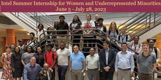 Intel summer internship for women and underrepresented minorities group poses for a photo on a stairwell. The bottom shows logos for partner organizations, Central State University, Wright State University, Intel, and the Air Force Research Laboratory. At the top are the words, "Intel summer internship for women and underrepresented minorities June 25-July 28, 2023"