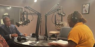 Central State University Interim President Dr. Alex Johnson interviews on the air with Cheryl Durgans, editor and co-owner of the Yellow Springs News, at WCSU
