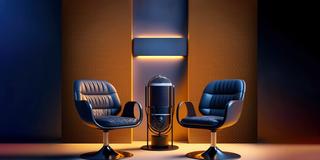 TV studio with large microphone between two leather chairs