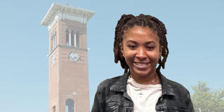 Central State University junior Tyler Wooten superimposed over the famous clock tower and the words "I like being at an HBCU"