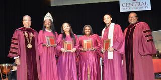 central state university outstanding senior scholars raven golliday, baijing zinnerman, laketa wright and daquan neal with the president and provost of central state university