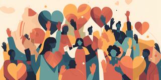 community service illustration concept with abstract diverse persons hands and hearts