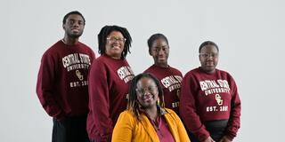 Members of the Central State University trivia team are heading to Los Angeles for the Honda Campus All-Star Challenge, a premier academic competition for HBCU students. Pictured are (front) advisor Dr. Sarah Armstrong-Jones; (back, from left) Nkem Utomi, Nya Brunson (captain), Brihel Moore, and Avnaly Alceres.