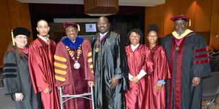 Susan Speight, Jairus Burrows, Morakinyo A.O. Kuti, Colin Lasu, Nya Brunson, Alanna Bryant and Fred Aikens at 2025 academic recognition convocation