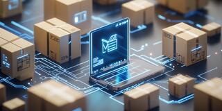 Digital logistics system with smartphone and packages on futuristic network