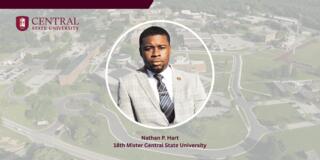 graphic showing a faded aerial image with a man overlaid and logo with the words nathan p. hart 18th mister central state university